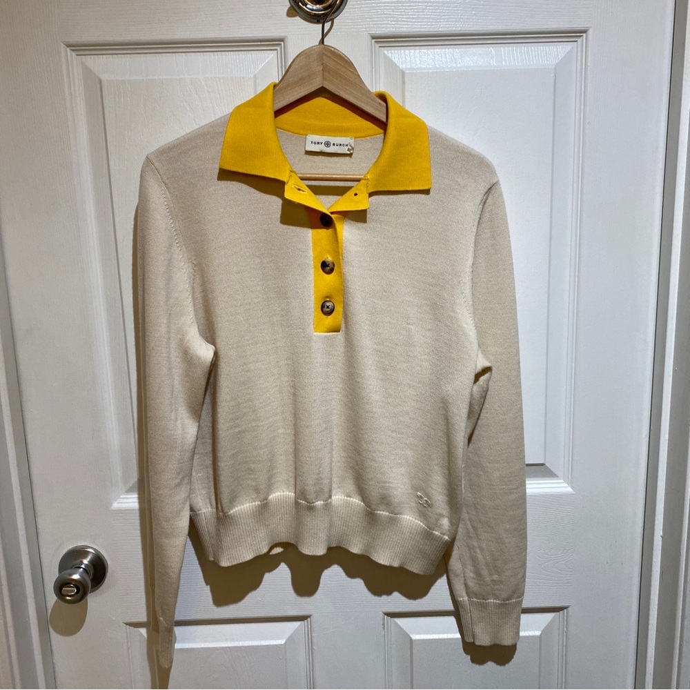 Tory Burch Contrast Collar Long Sleeve Polo Sweater Sz XL